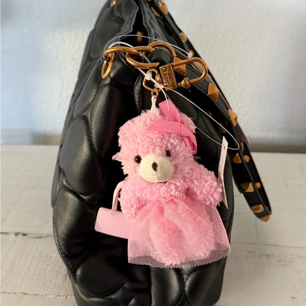 Betsey Johnson Xomia black heart quilted bag gold-tone hardware pink bear charm